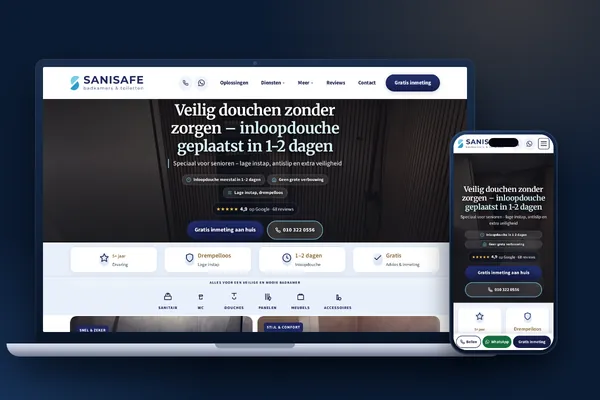 Website van SaniSafe Badkamers op laptop en telefoon